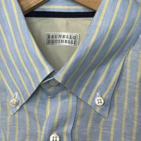 Brunello Cucinelli 100% Linen Men's Striped Button-Down Shirt‎ - Picture 5 of 7